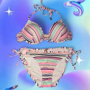 vtg 2011 victoria’s secret beach sexy striped bikini, top sz 36c, bottoms md